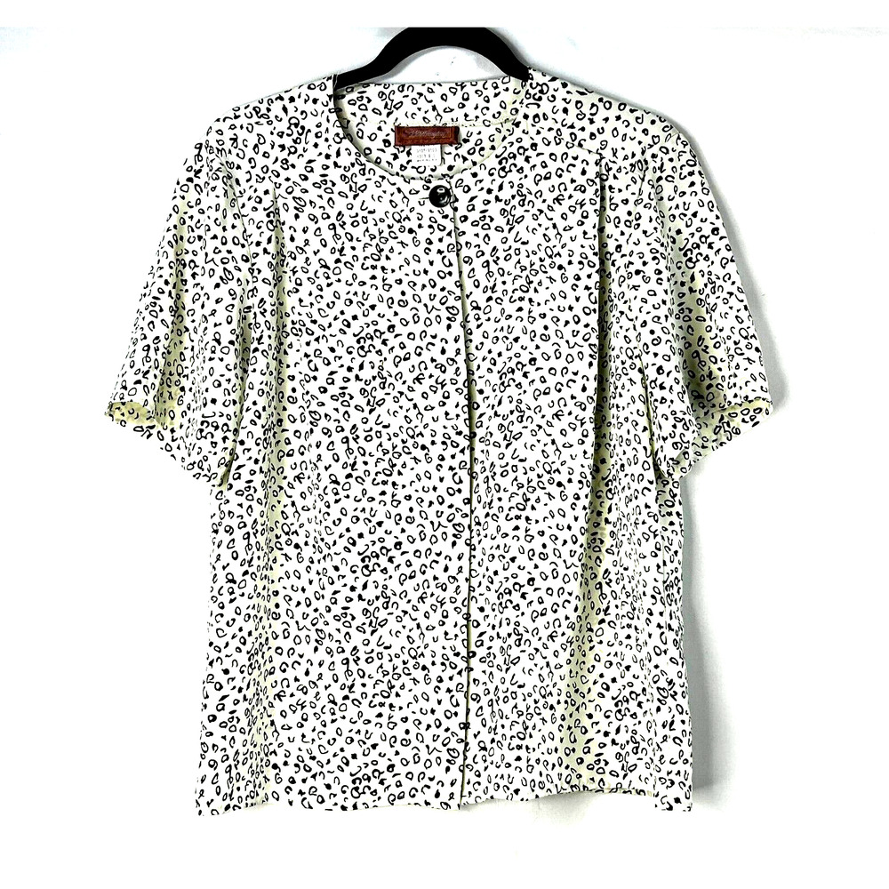 Worthington Essentials Top Womens 8 Black White Printed Short Sleeve Blouse